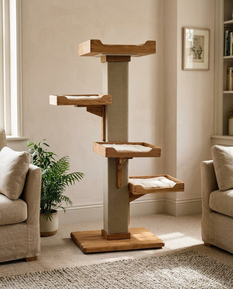 Handmade cat tree with four oak beds on a sisal post and a solid oak base, standing in a living room