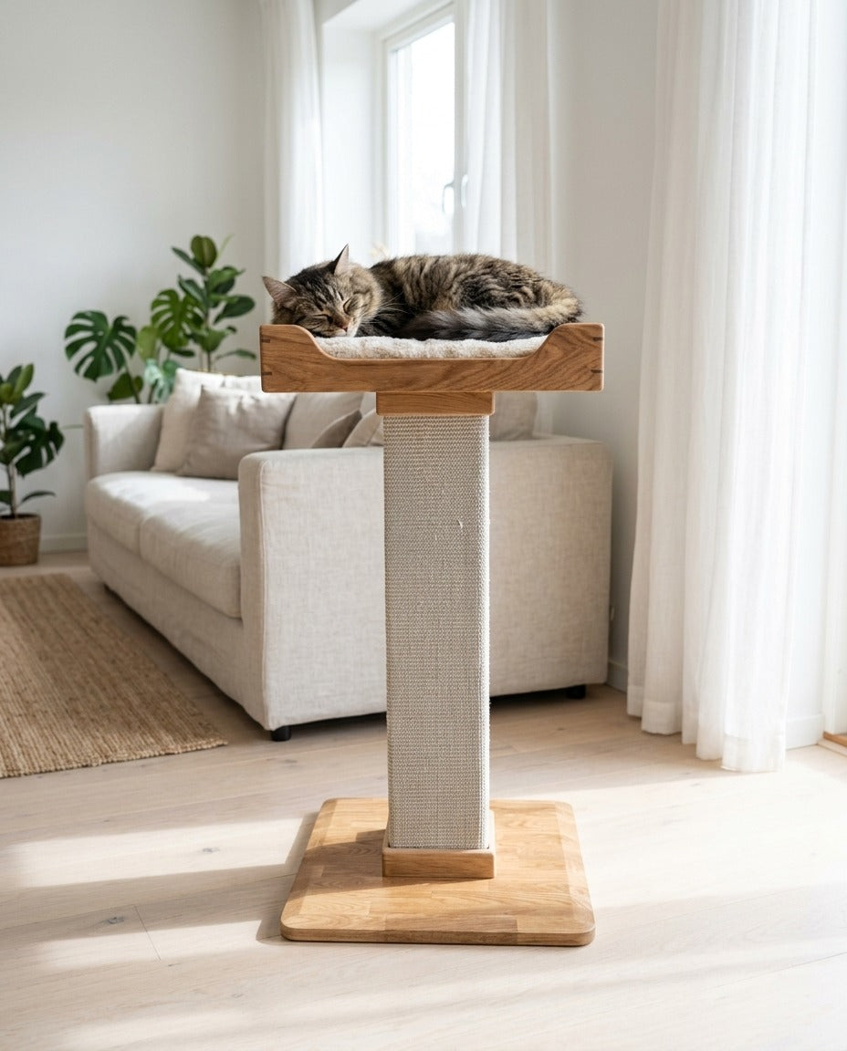 Handmade cat tree with one oak bed on a sisal post and a solid oak base, with a cat asleep on a bed in a living room