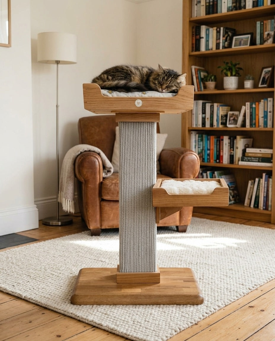 Handmade cat tree with two oak beds on a sisal post and a solid oak base, with a cat asleep on a bed in a living room
