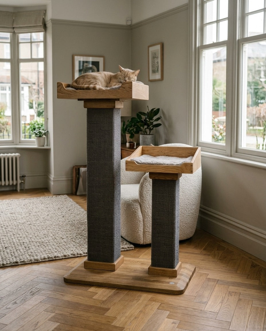 Handmade cat tree with two sisal posts, each topped with an oak bed and a solid oak base, with a cat asleep on a bed in a living room