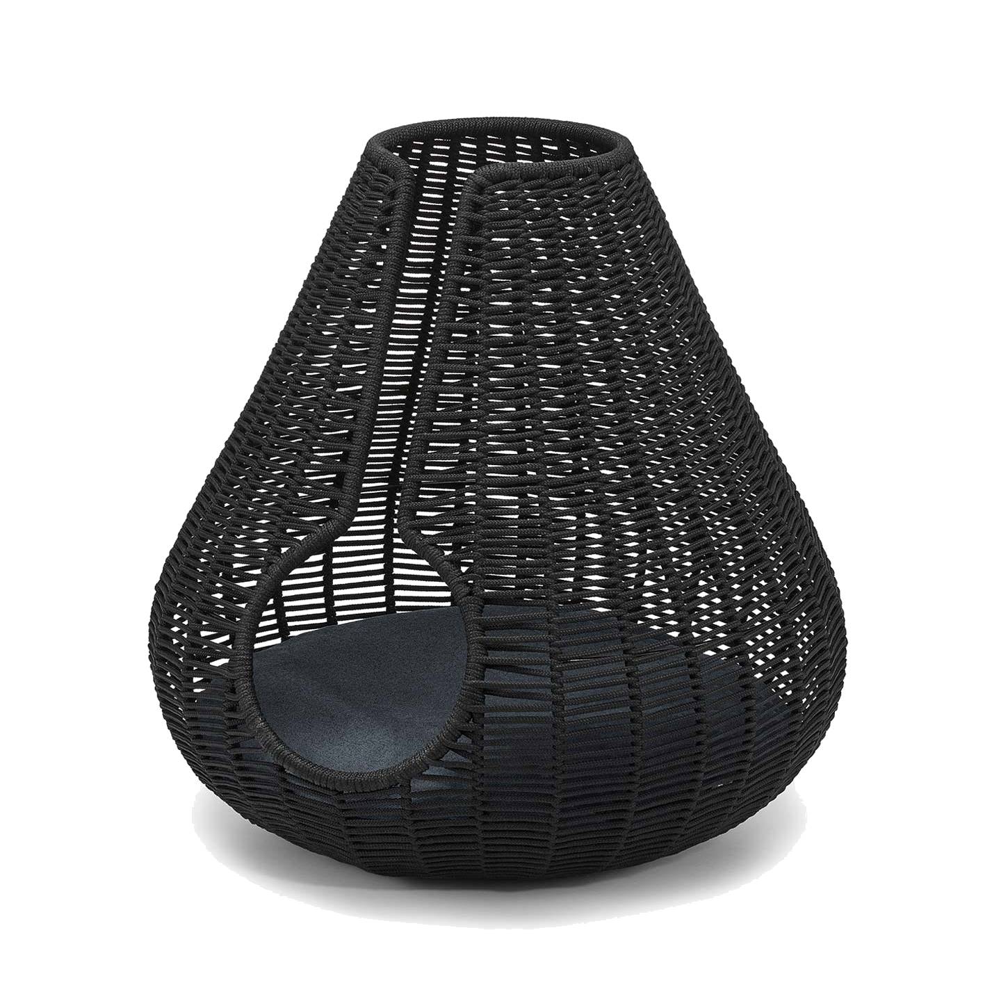 Black woven designer cat cave with teardrop shape and circular opening, showcasing German minimalist pet furniture design