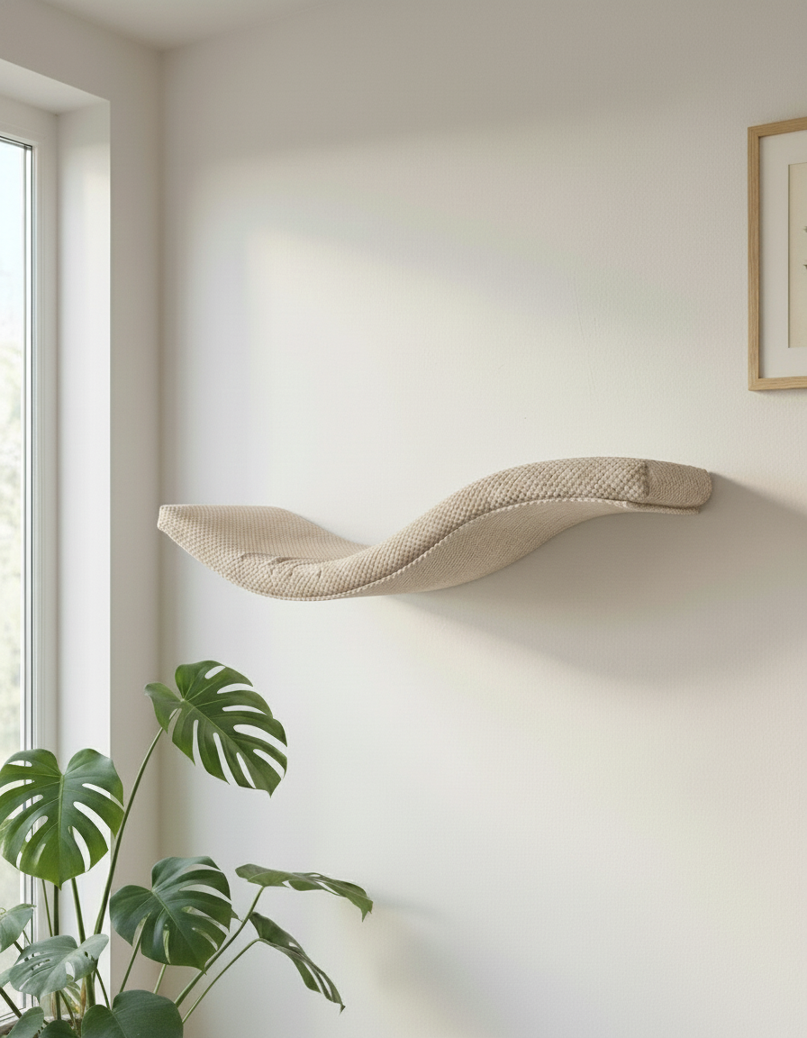 Cat Wall Shelf - The Playful Curve with Beige DOT cushion