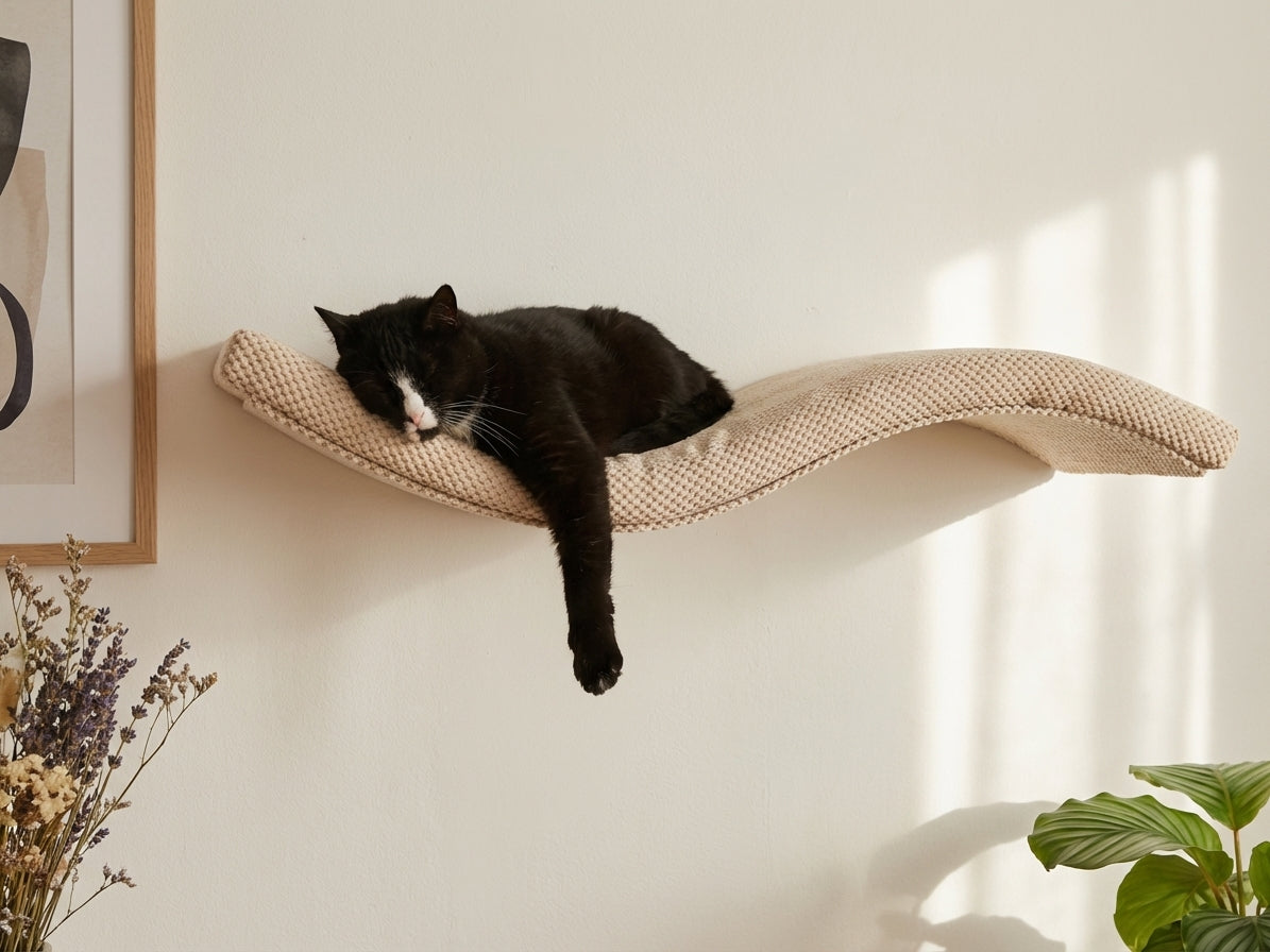 A black and white cat sleeping on a beige Cat's Atelier Floating Cat Wall Shelf