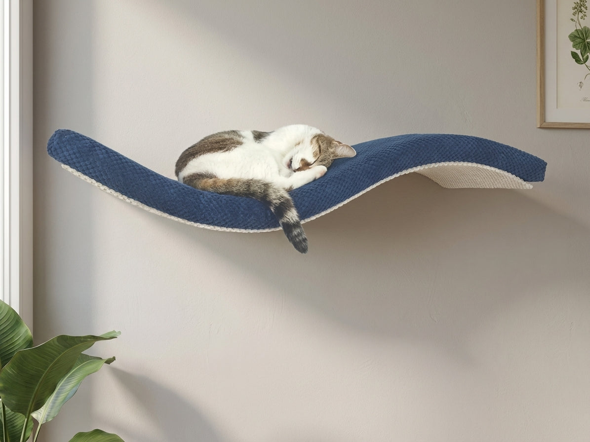 A sleeping tabby cat curled on a navy blue Cat's Atelier Floating Cat Wall Shelf
