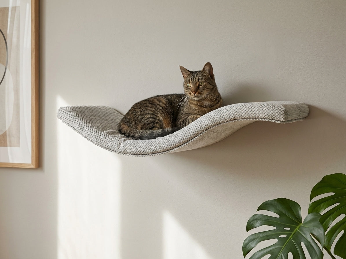 A tabby cat rests on a grey Cat's Atelier Floating Cat Wall Shelf in a room