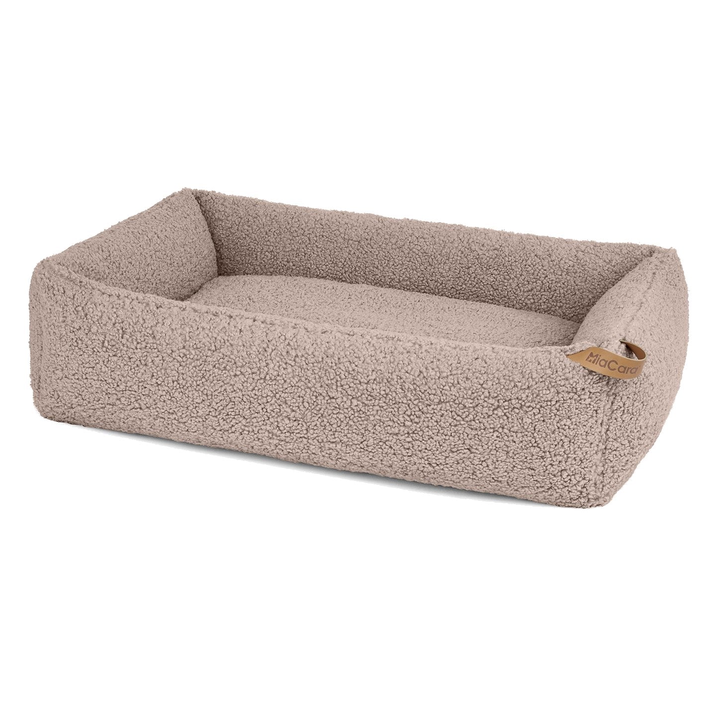 MiaCara Senso contemporary dog bed in taupe teddy fleece featuring minimalist German design and sustainable materials