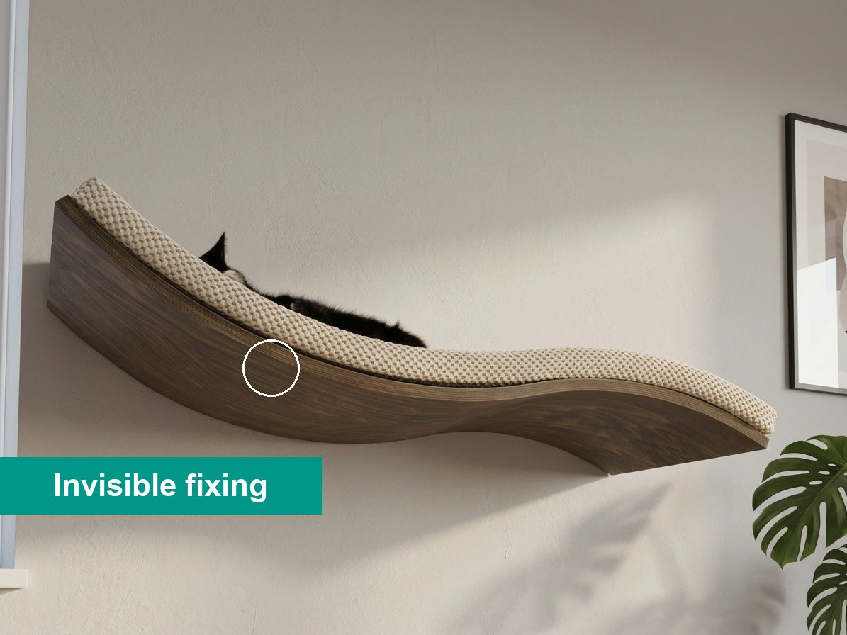Cat's Atelier Floating Cat Wall Shelf in dark wood with a cat sleeping on it