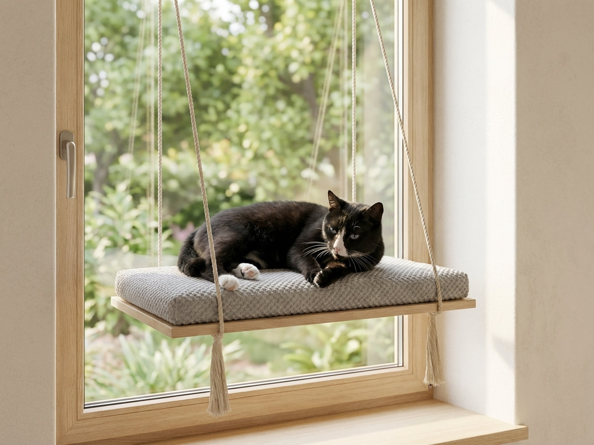 A black and white cat resting on a Cat's Atelier pine wood window perch