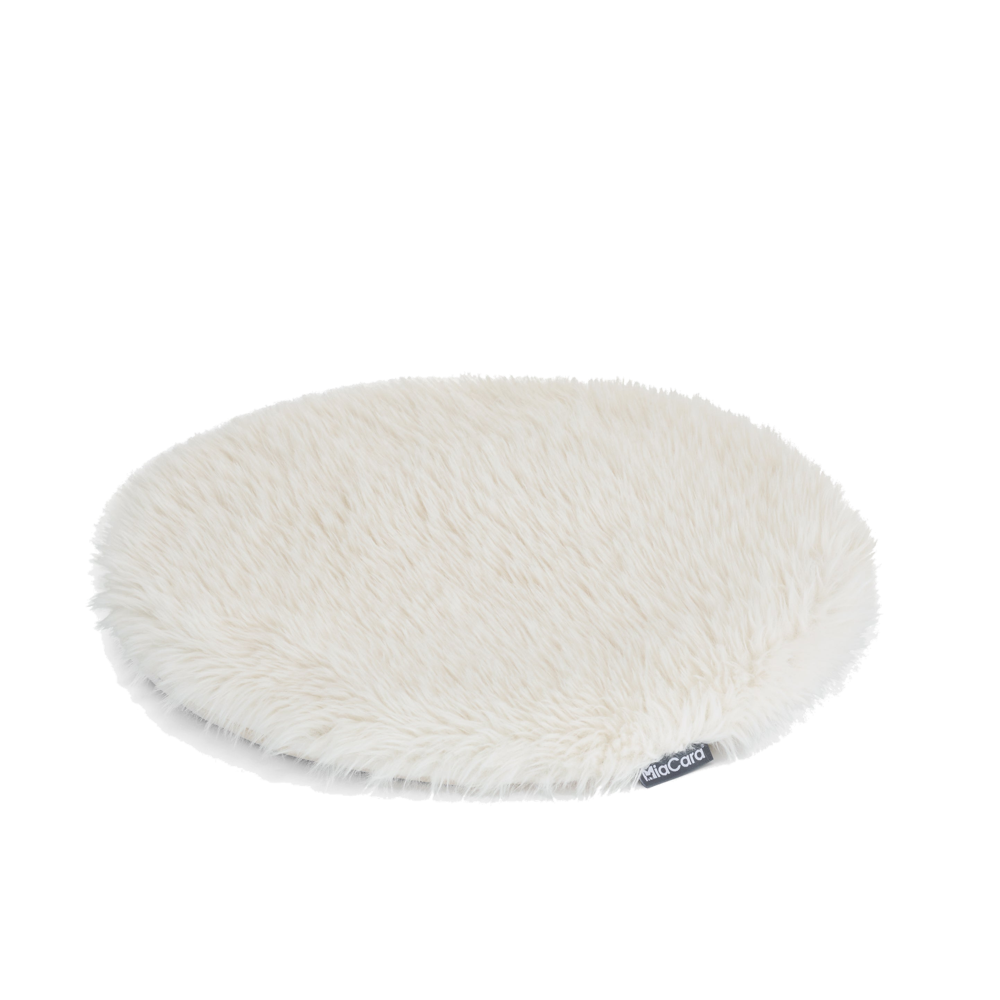 MiaCara Torre minimalist white faux fur round pet cushion with German design label on white background