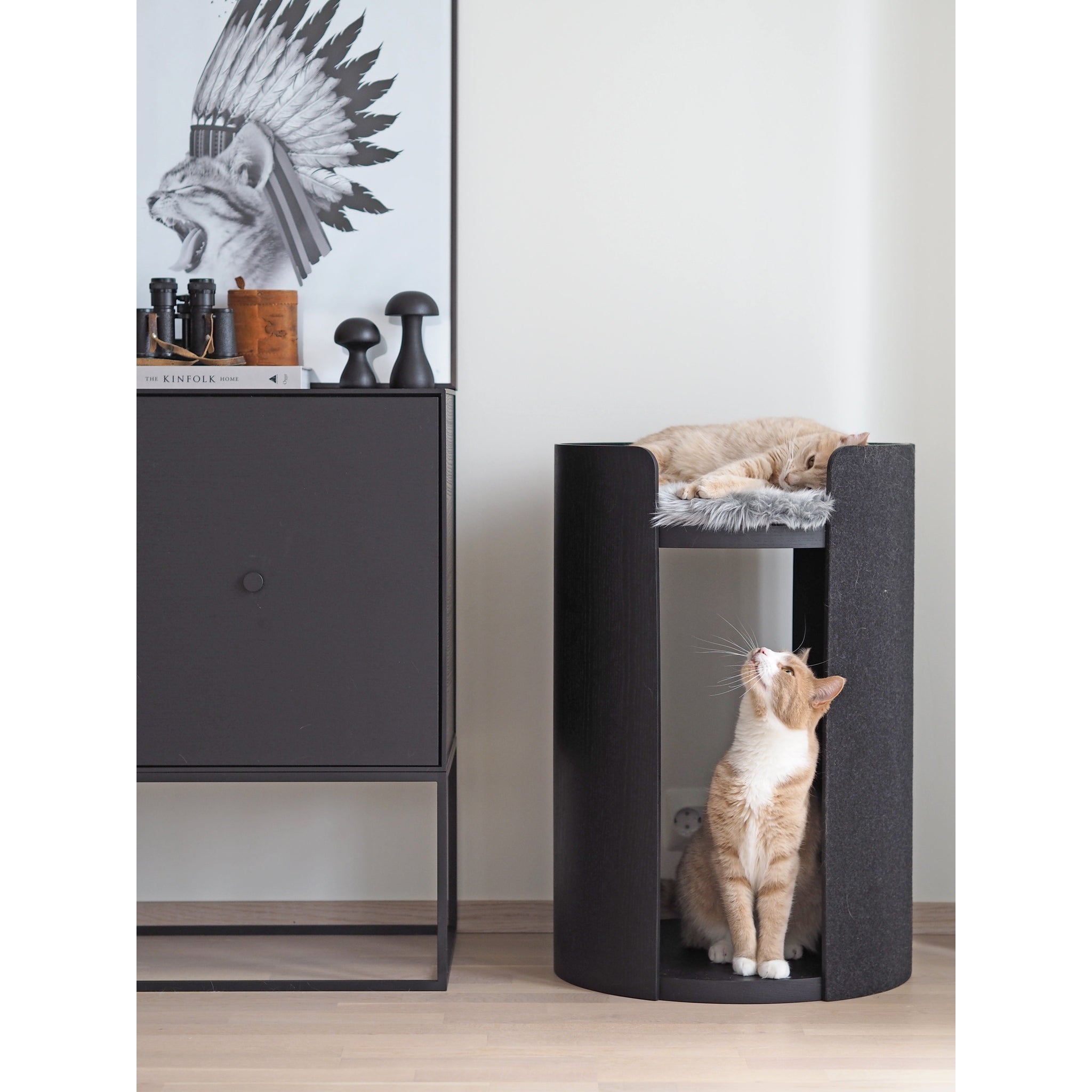 Designer Torre cat tower in charcoal featuring two cats, showcasing minimalist German design and modern interior