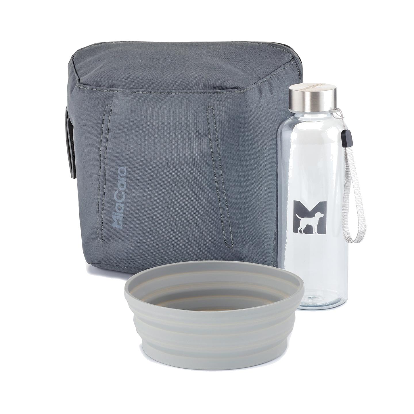 MiaCara Urbano designer pet travel set with minimalist grey bag, glass water bottle and collapsible bowl