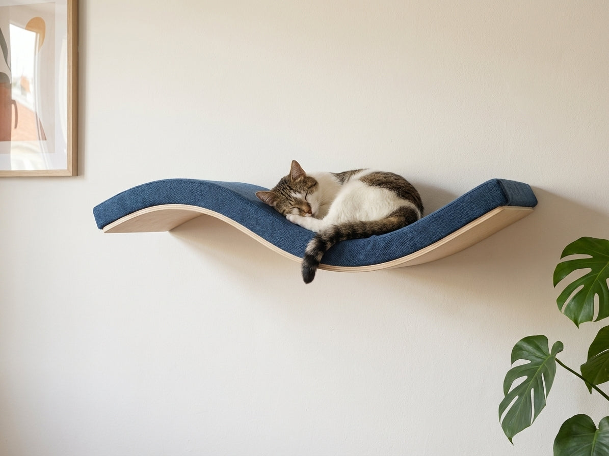 A sleeping cat on a blue Cat's Atelier Wave Floating Cat Wall Shelf