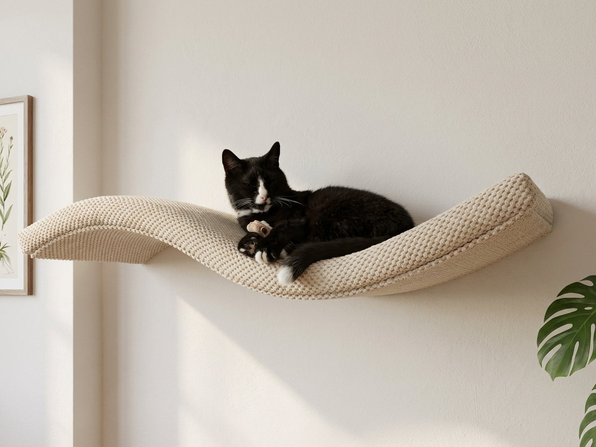 A black and white cat sleeping on a beige Cat's Atelier Wave cat shelf