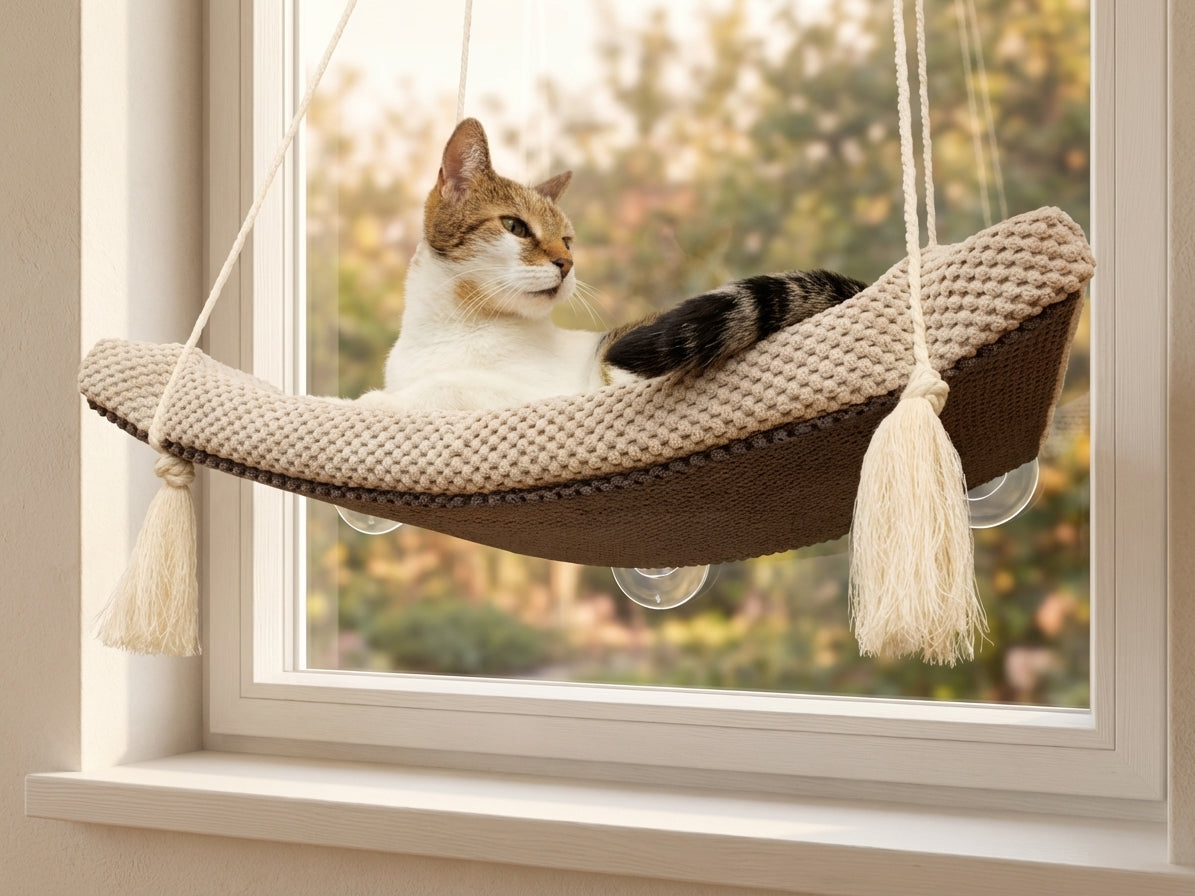 A tabby cat rests on The Arcing View cat window perch by Cat's Atelier