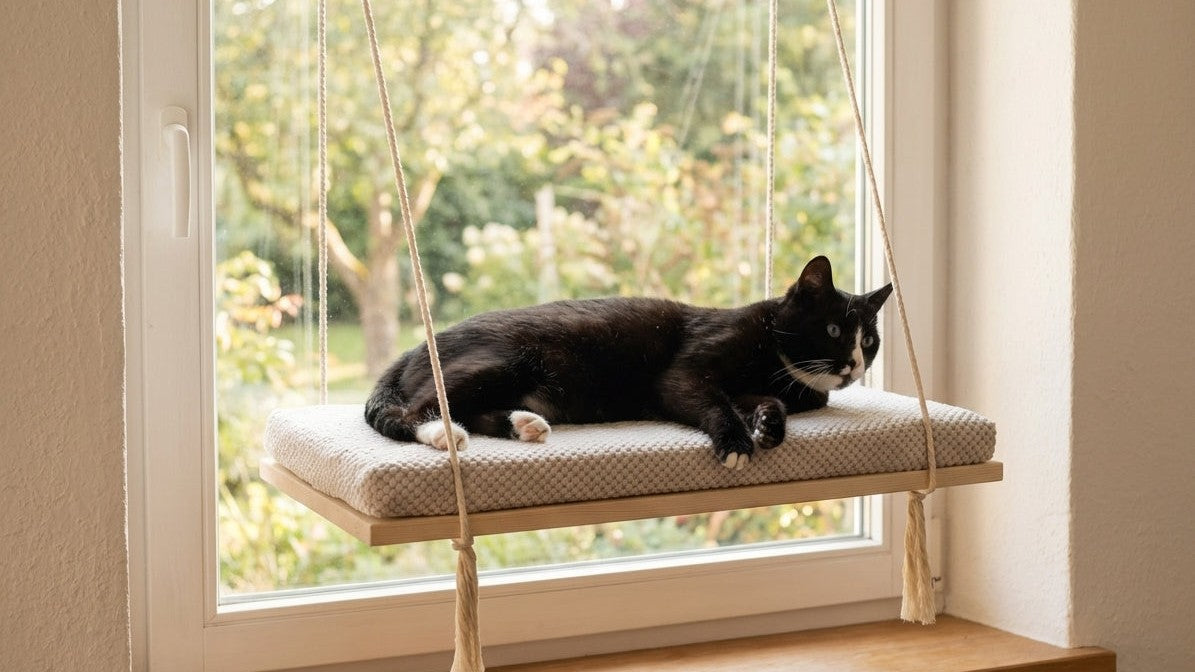 A black and white cat lies stretched out on The Sunny Spot cat window perch, a pine shelf with a pale cushion hung in front of a window looking out onto a garden