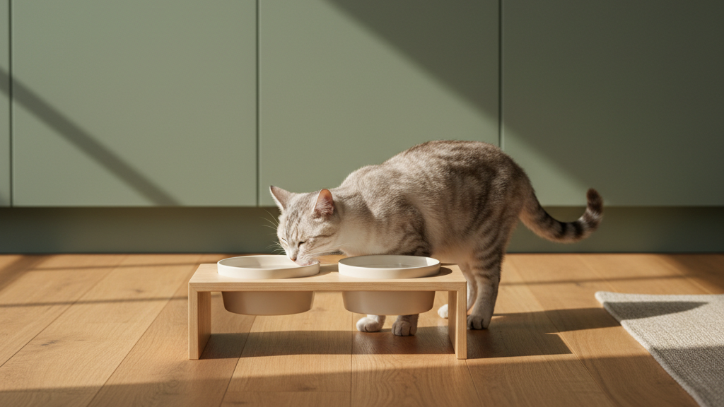 A short-haired tabby cat eating from an elevated MiaCara-style cat feeder on a polished oak kitchen floor, with soft morning light from the window.