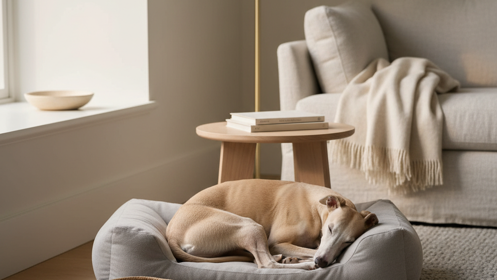 A whippet resting on a low designer dog bed in a sophisticated living room corner with a wooden side table and woven toy basket, late afternoon light.