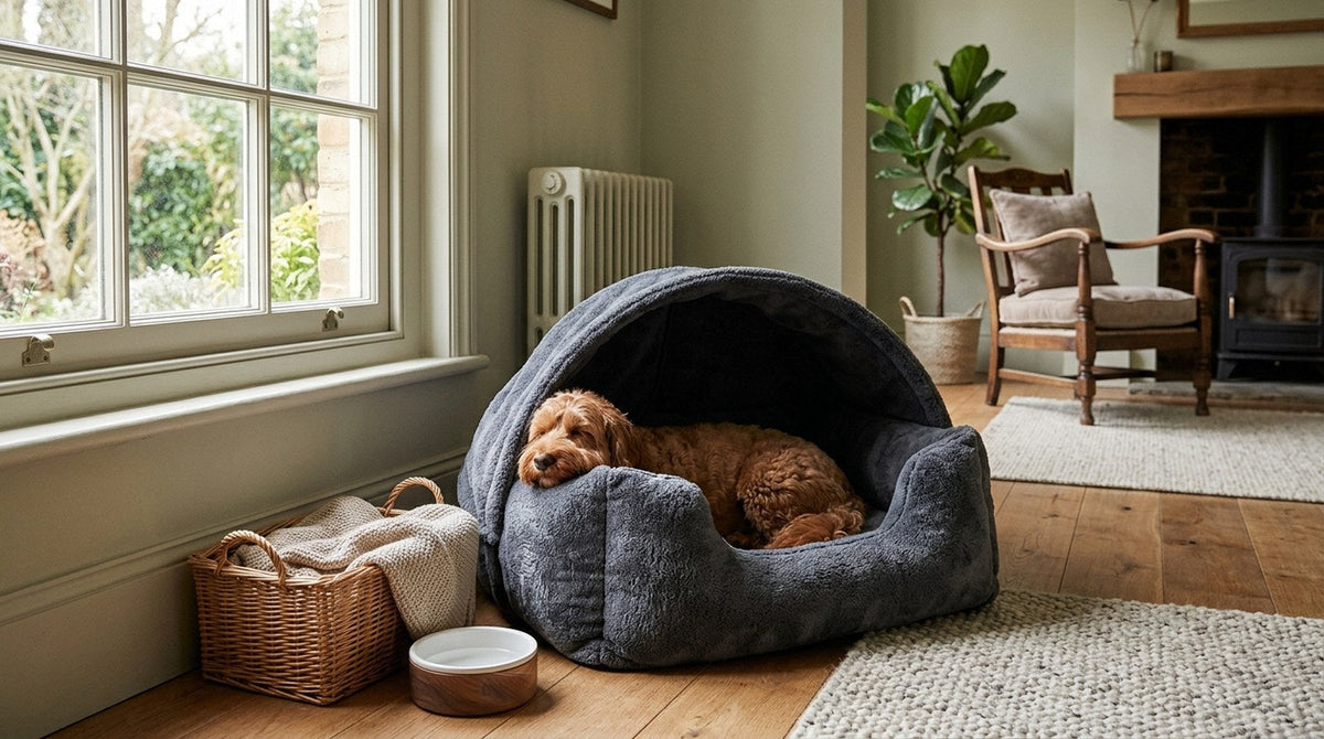 A curly-coated apricot dog curled up asleep inside a hooded, deep-sided dog bed in the corner of a light, calm British living room, beside a window and a wood-burning stove.