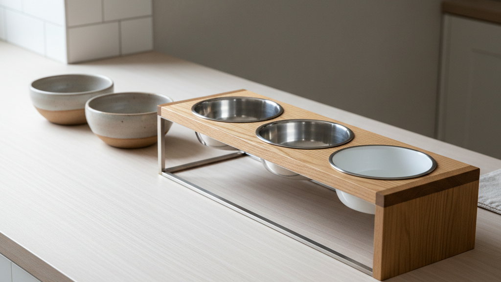 Three premium dog feeder setups side by side on an ash-wood kitchen surface: hand-thrown ceramic bowls, stainless steel elevated feeder, and oak-framed feeder with porcelain bowls.