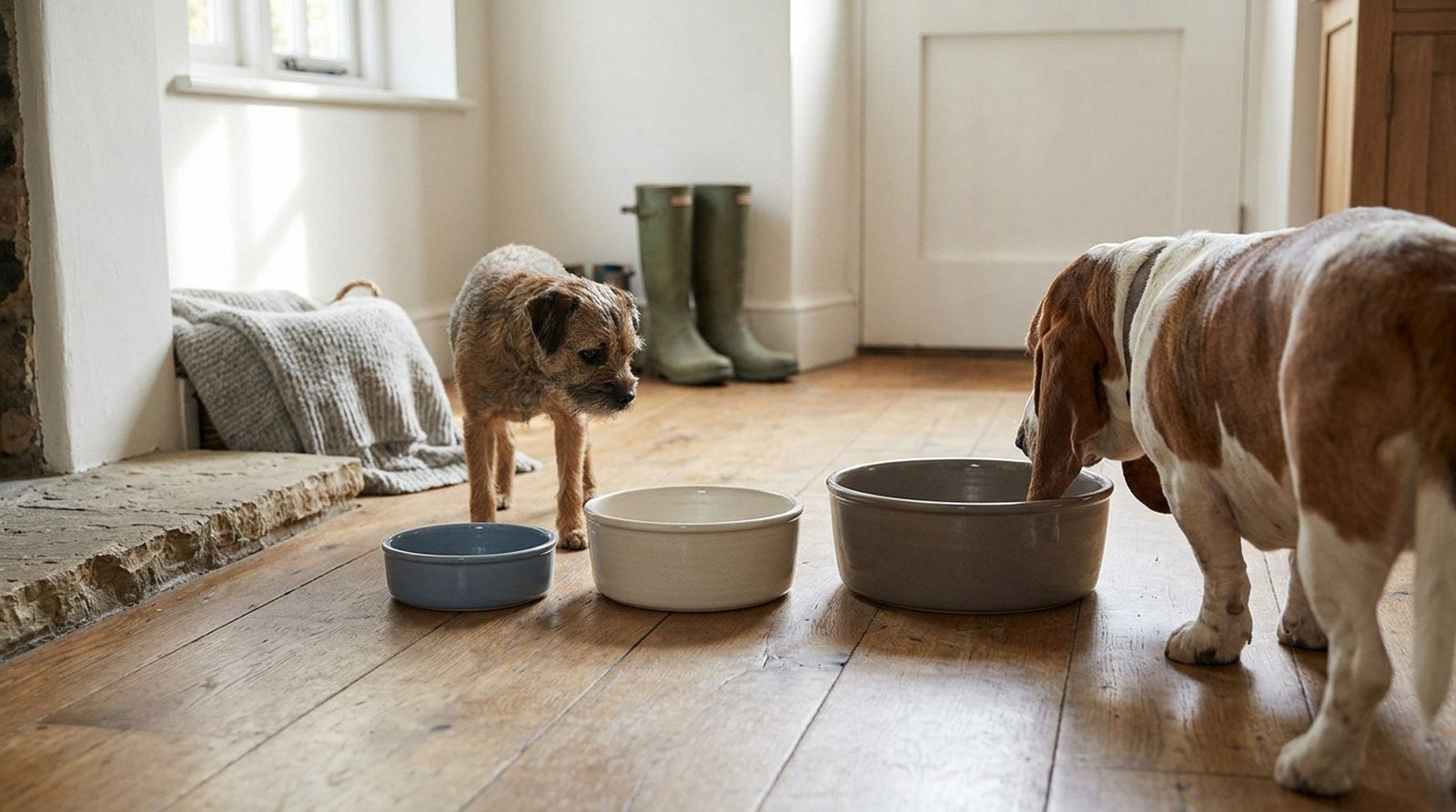 Editorial hero image for the article 'How to Choose the Right Dog Bowl Size for Your Breed', showing the subject in a calm British home setting.