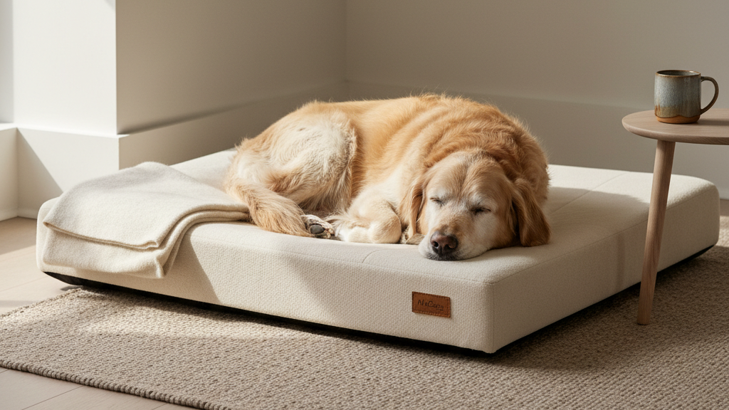 An elderly golden retriever with a grey muzzle resting peacefully on a plush orthopaedic cream dog bed in a sunlit corner of a calm British home.
