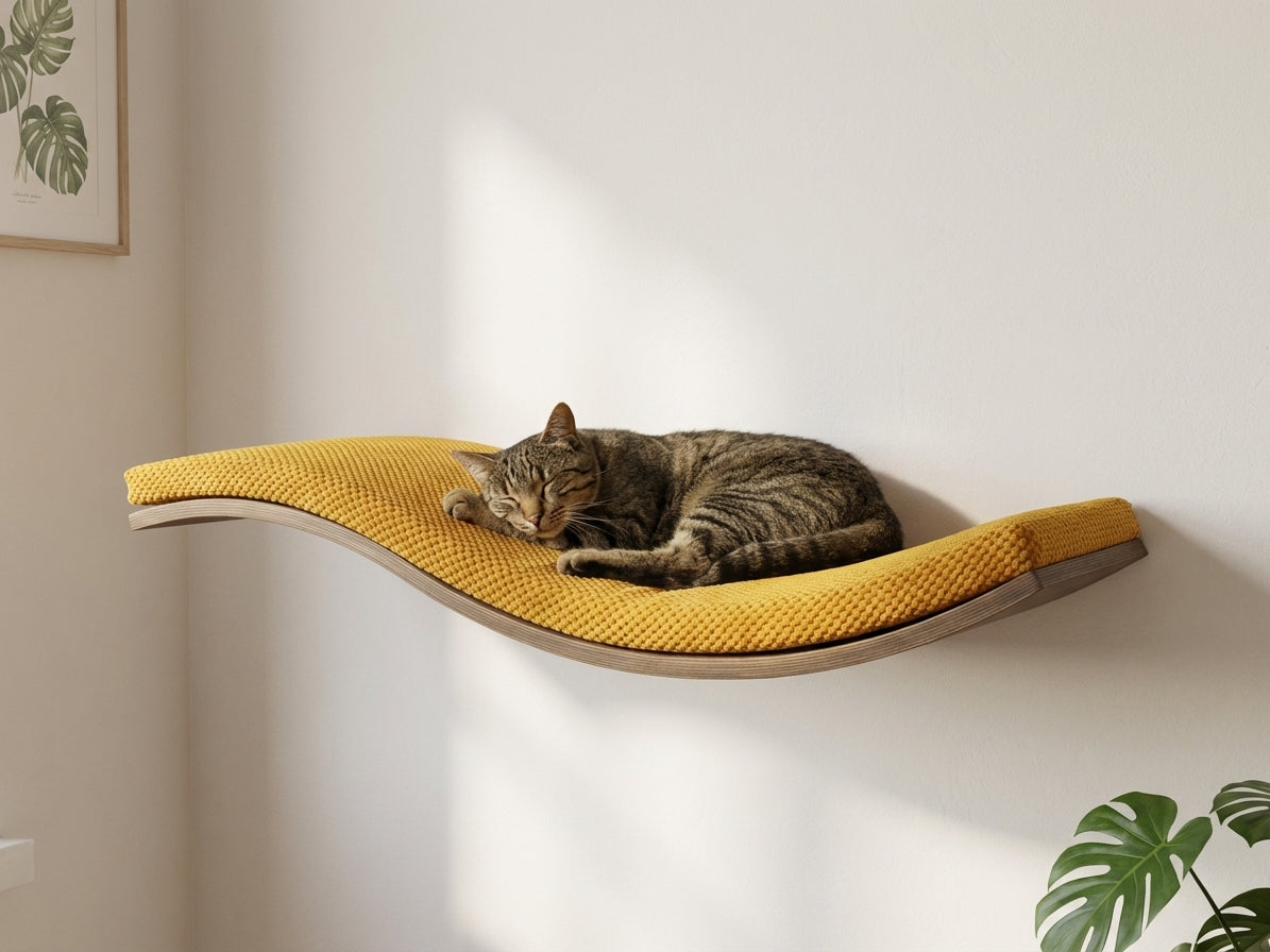 Designer cat furniture: a Cat's Atelier wooden wall shelf in a modern living room with relaxed cats resting on it
