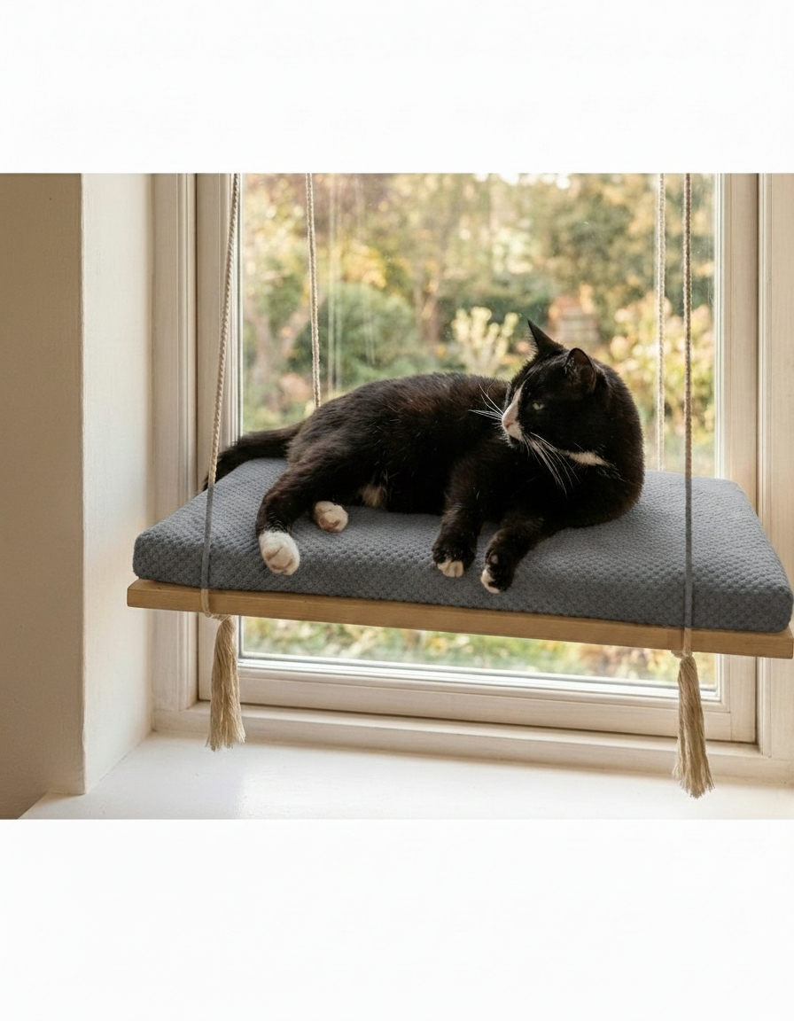 Cat Window Perch - Pine Wood - The Sunny Spot in Natural Pine, Dark Grey cushion