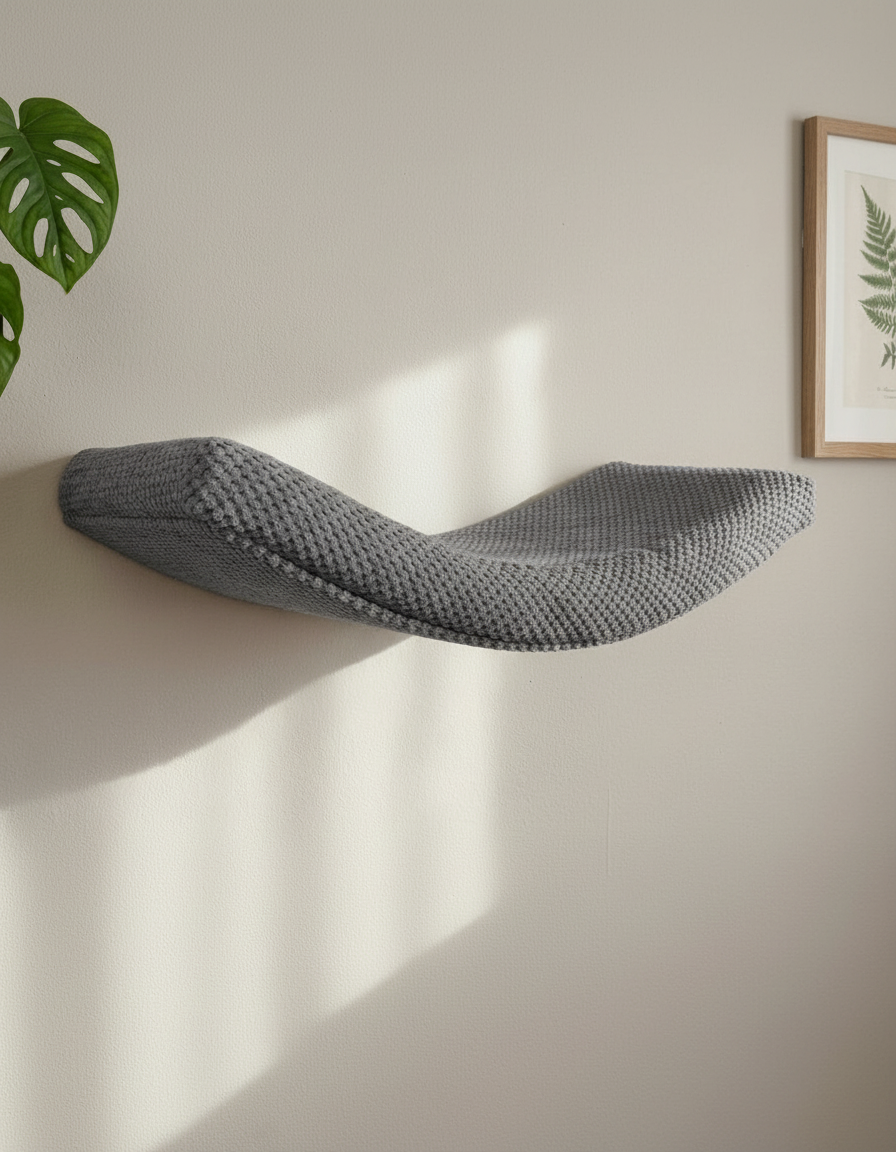 Cat Wall Shelf - The Arcing Haven with Dark Grey DOT cushion