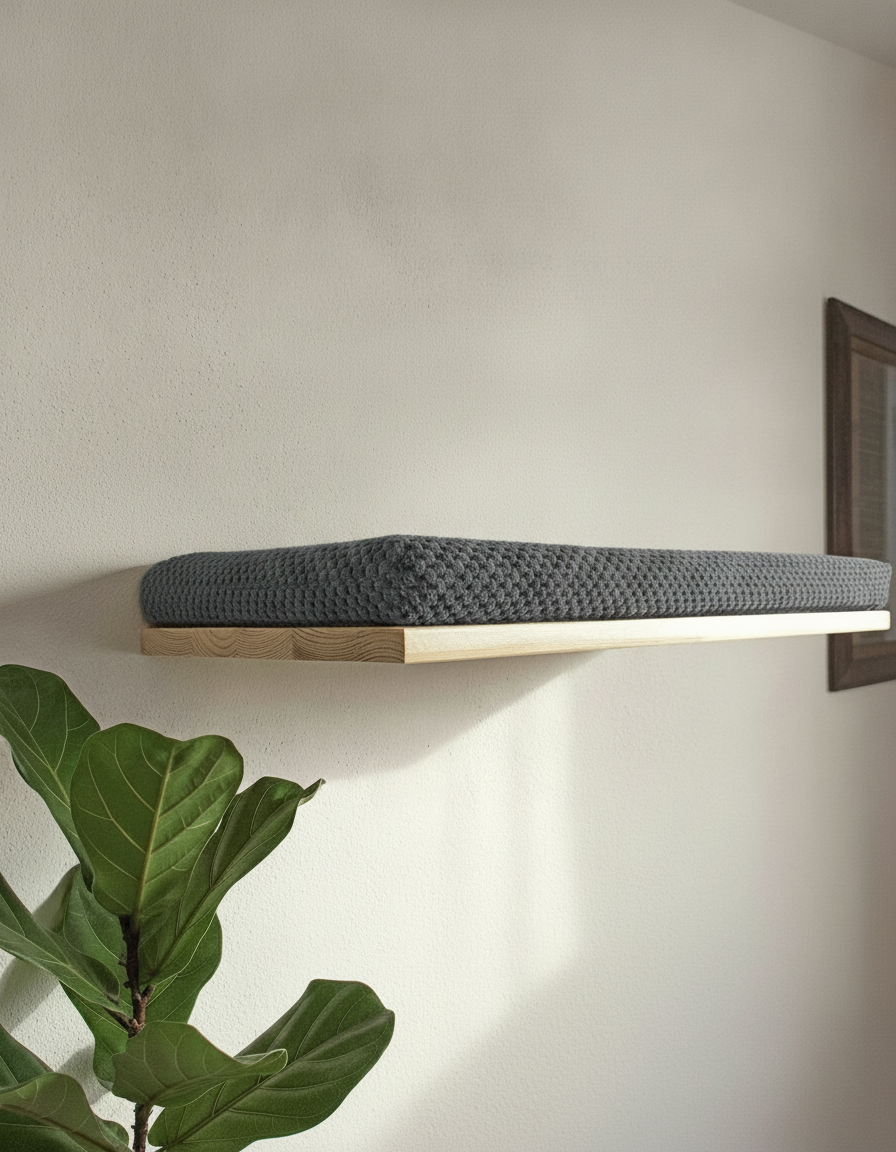 Floating Cat Wall Shelf - The Cozy Nook in Natural Pine, Dark Grey cushion
