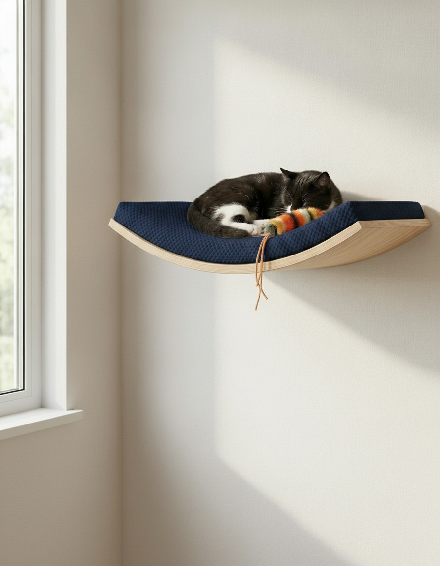 Floating Cat Wall Shelf - Softly Shaped in Natural Beech, Deep Navy Blue cushion