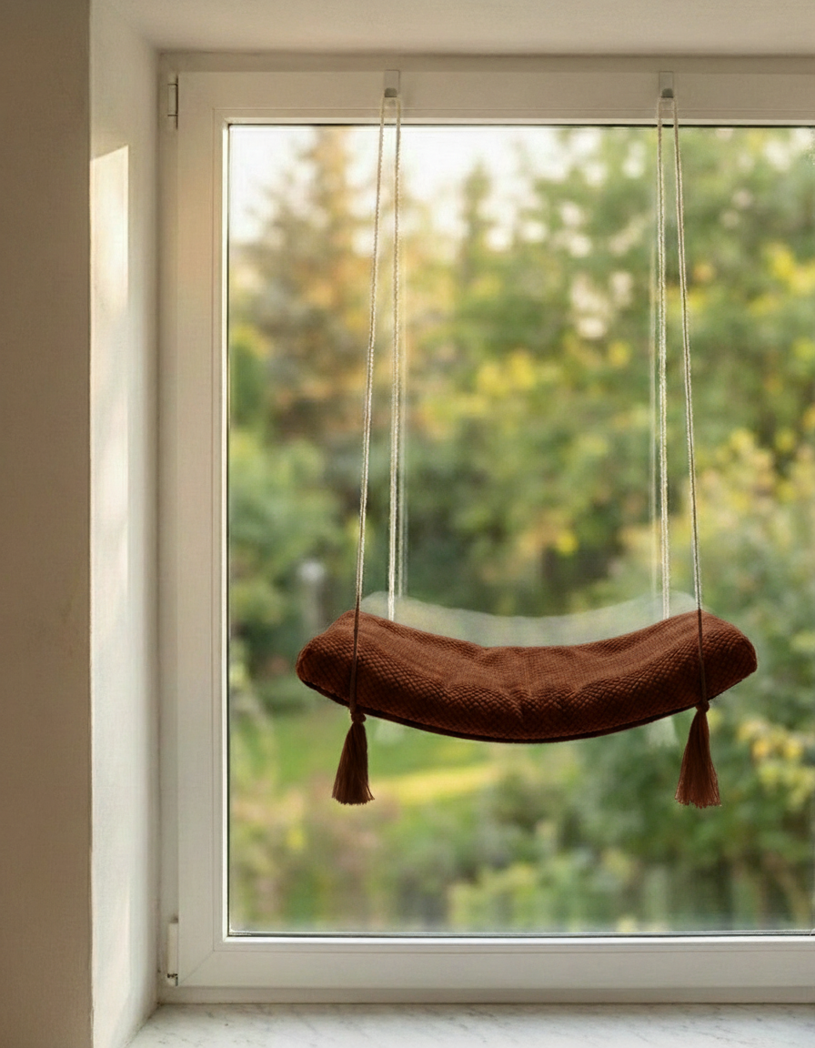 Cat Window Shelf - The Arcing View with Dark Chocolate DOT cushion