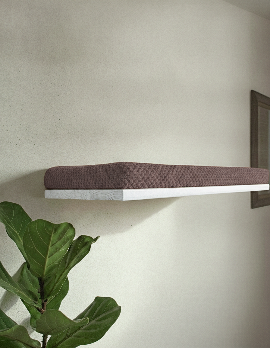 Floating Cat Wall Shelf - The Cozy Nook in White, Chocolate cushion
