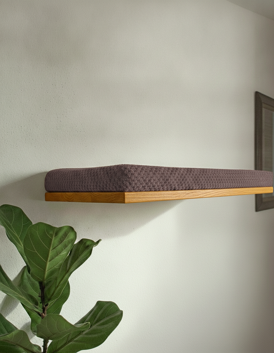 Floating Cat Wall Shelf - The Cozy Nook in Golden Oak, Chocolate cushion