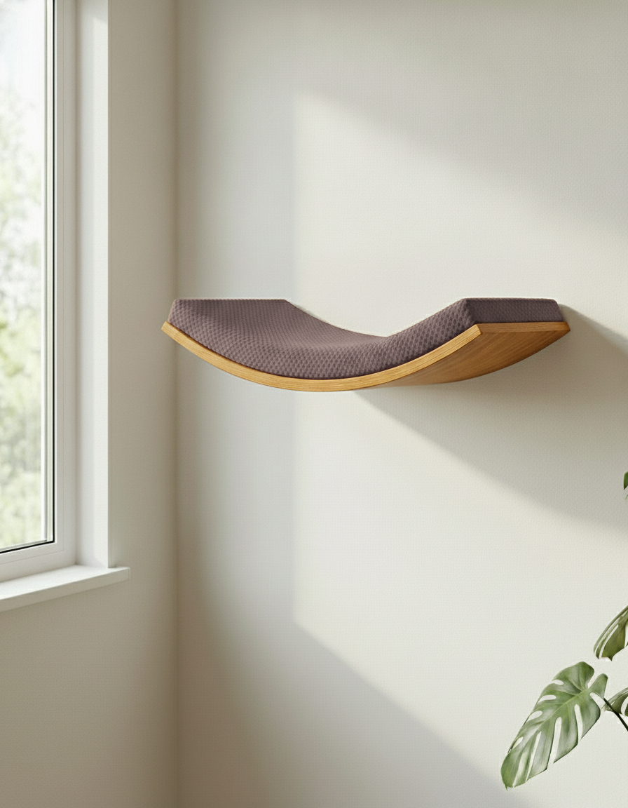 Floating Cat Wall Shelf - Softly Shaped in Golden Oak, Chocolate cushion