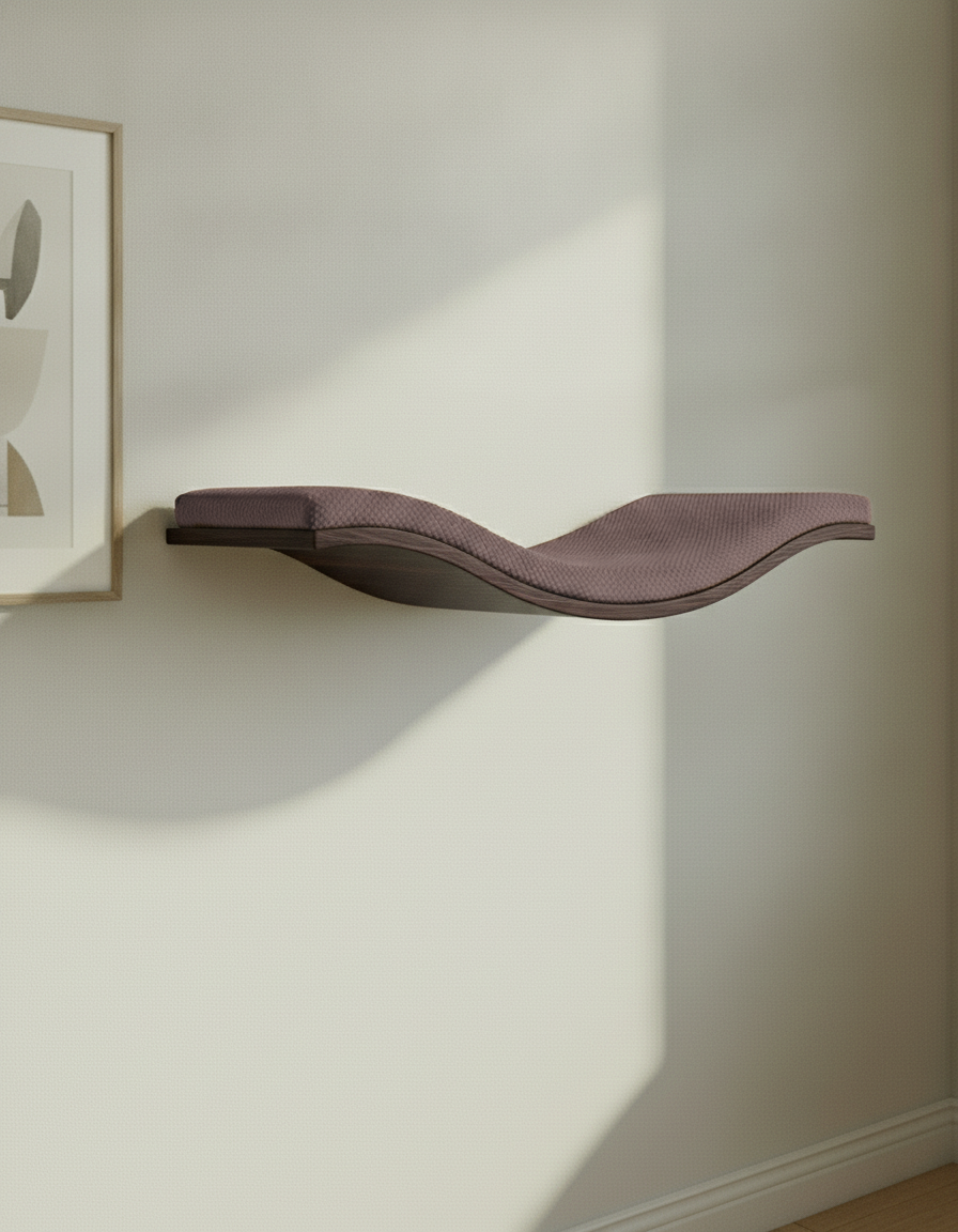 Floating Cat Wall Shelf - The Wavey Retreat in Wenge, Chocolate cushion