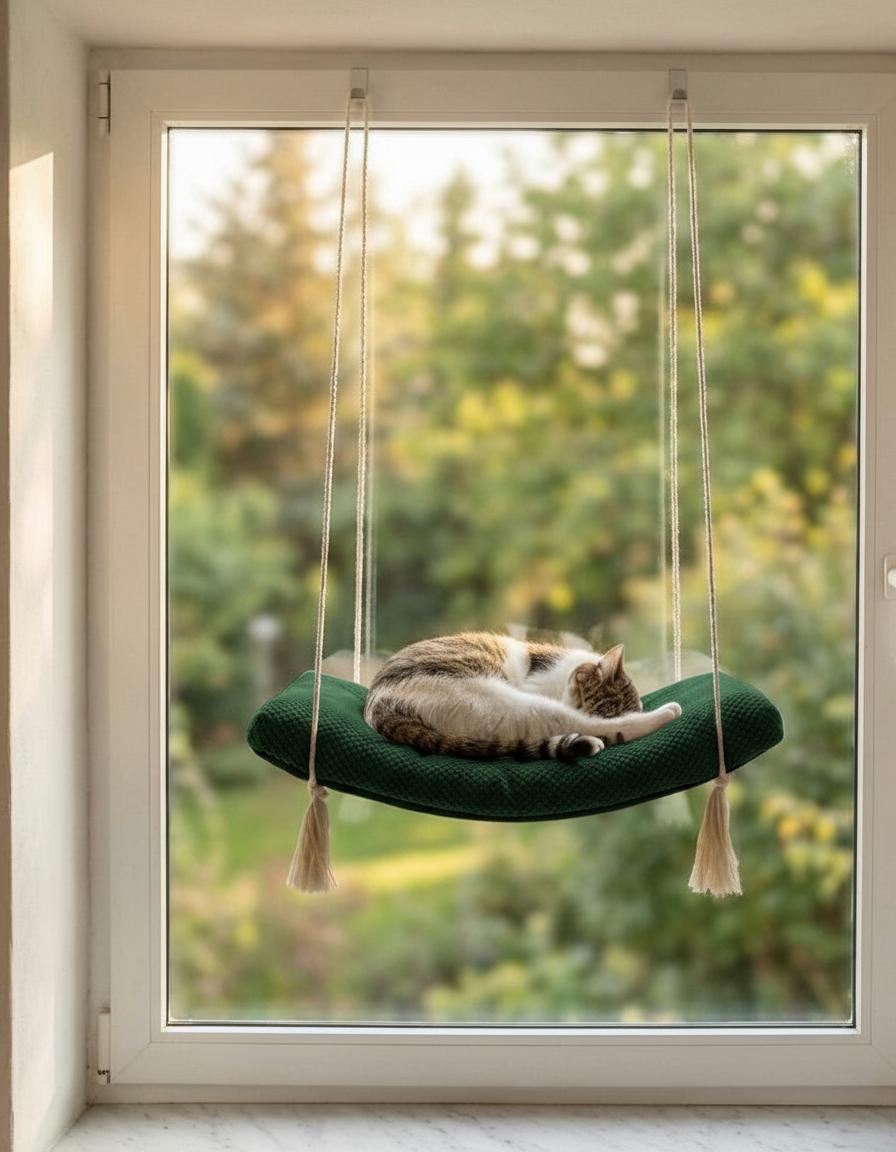 Cat Window Shelf - The Arcing View with Bottle Green DOT cushion