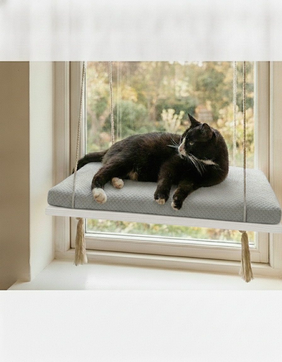 Cat Window Perch - Pine Wood - The Sunny Spot in White, Grey cushion