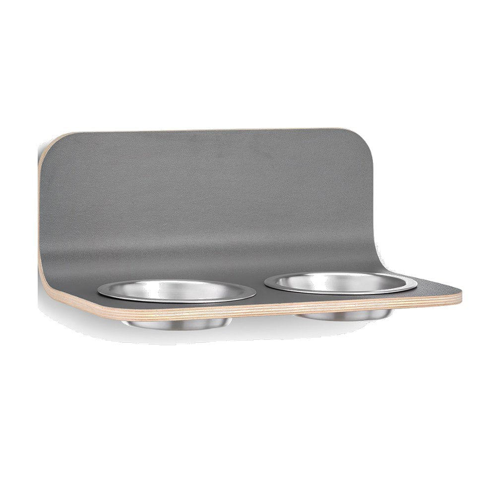 MiaCara Arco Elevated Cat Feeder in grey with two steel bowls on white background