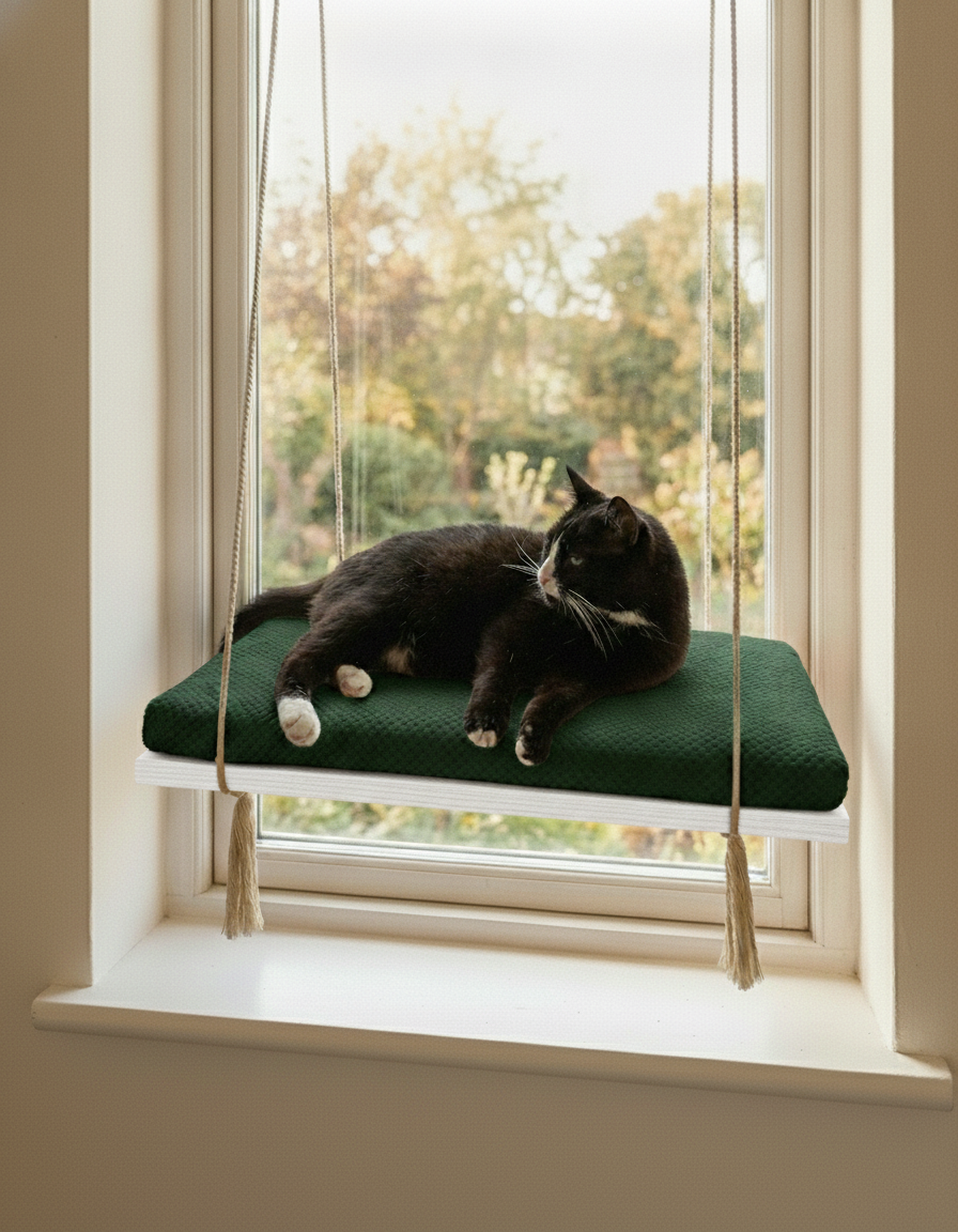 Cat Window Perch - Pine Wood - The Sunny Spot in White, Bottle Green cushion