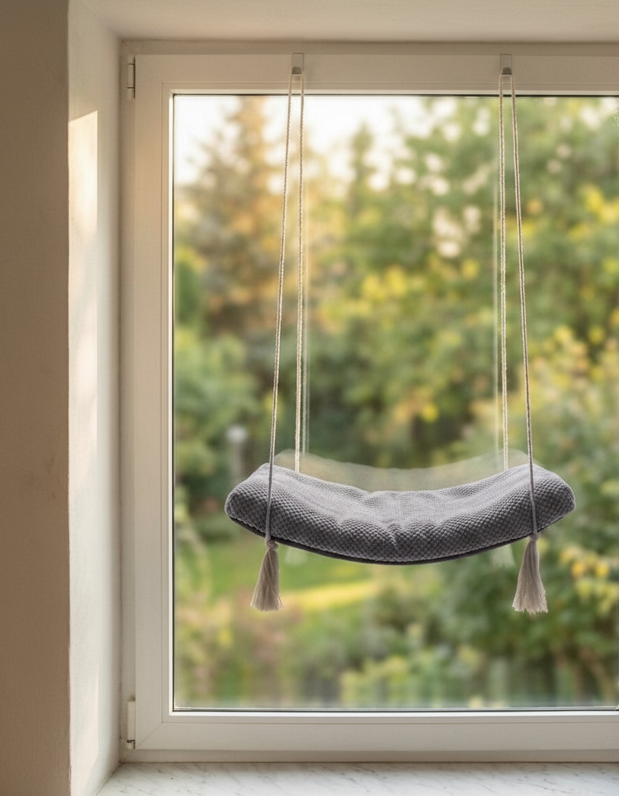 Cat Window Shelf - The Arcing View with Dark Grey DOT cushion