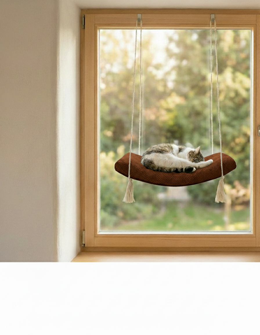 Cat Window Hammock - The Arcing View with Dark Chocolate DOT cushion