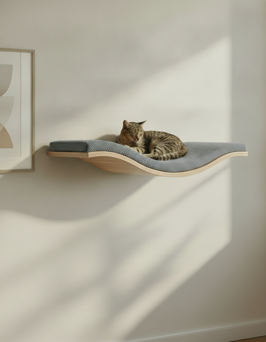 Floating Cat Wall Shelf - The Wavey Retreat in Natural Beech, Dark Grey cushion