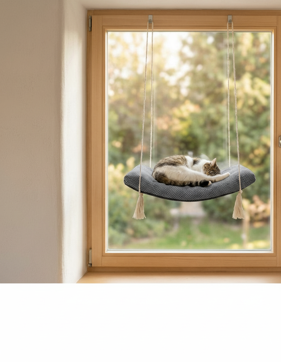 Cat Window Hammock - The Arcing View with Dark Grey DOT cushion
