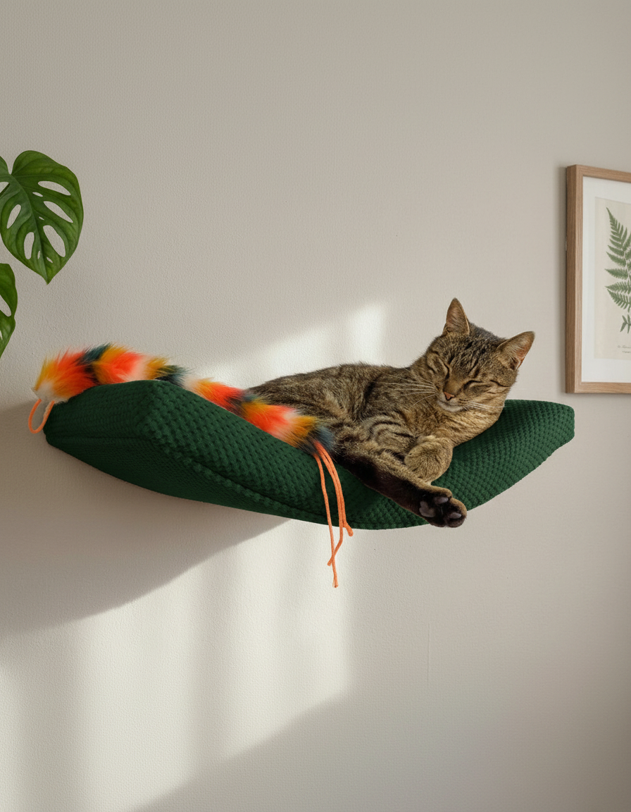 Cat Wall Shelf - The Arcing Haven with Bottle Green DOT cushion