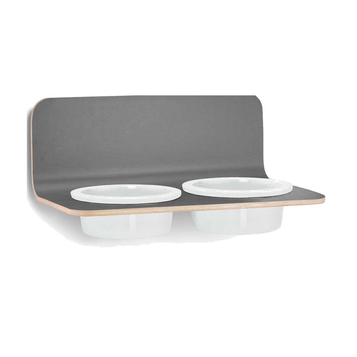 Minimalist grey wall-mounted dog feeder with white porcelain bowls, German design for contemporary pet dining