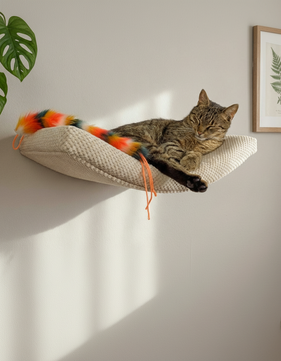 Cat Wall Shelf - The Arcing Haven with Cream DOT cushion