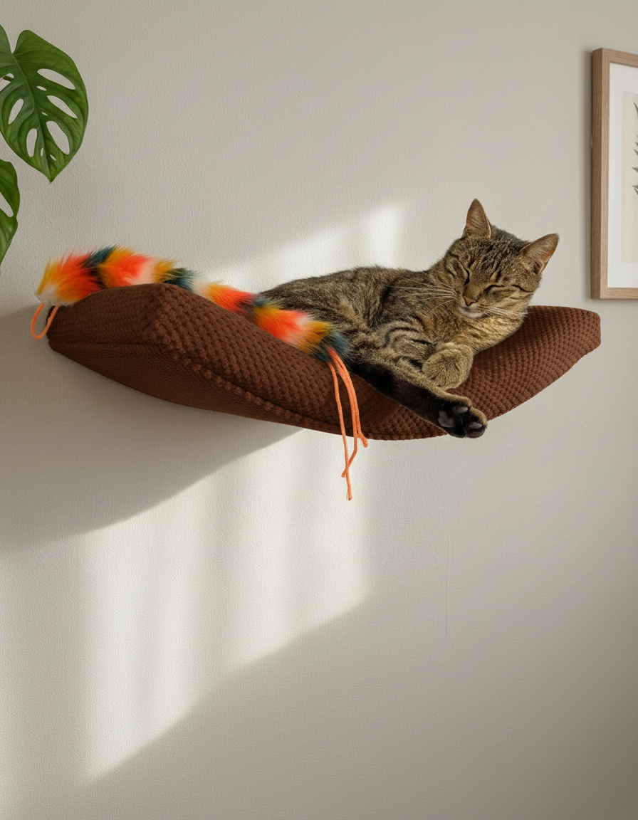 Cat Wall Shelf - The Arcing Haven with Dark Chocolate DOT cushion