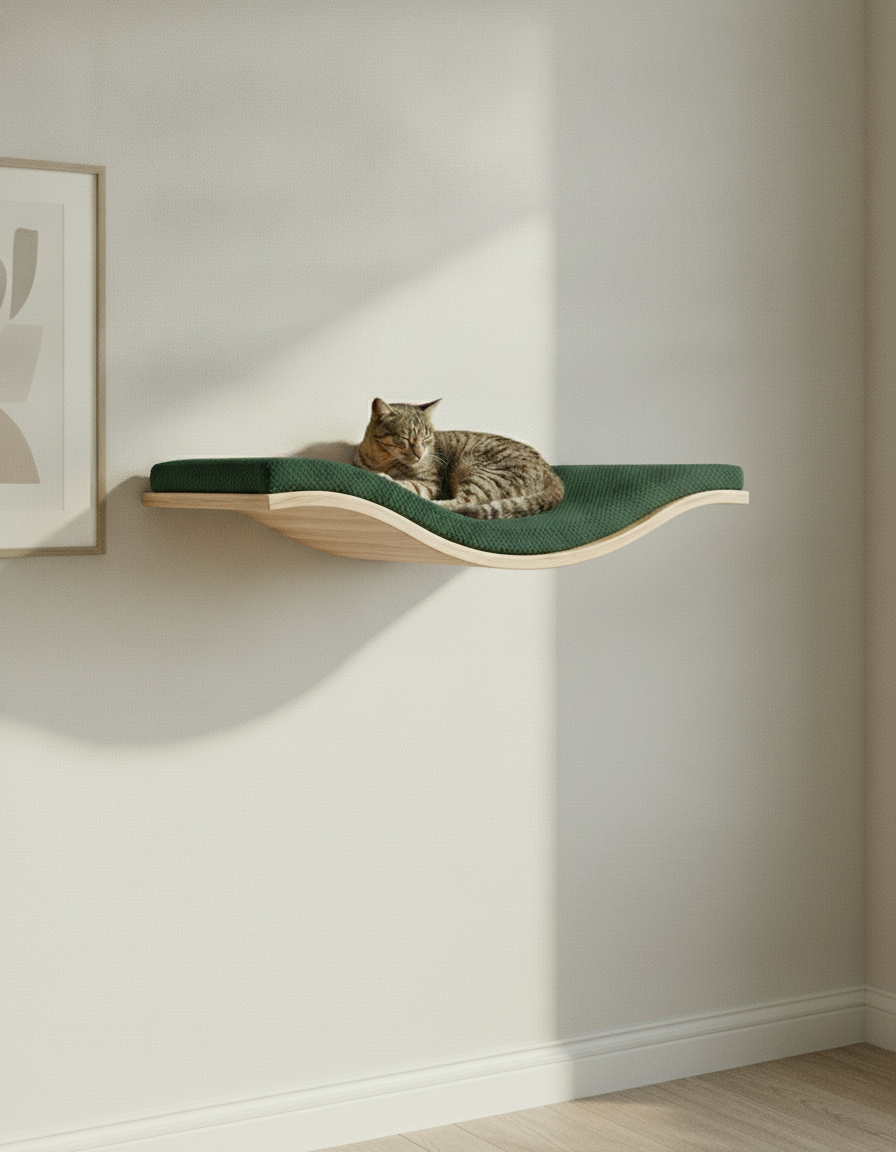Floating Cat Wall Shelf - The Wavey Retreat in Natural Beech, Bottle Green cushion