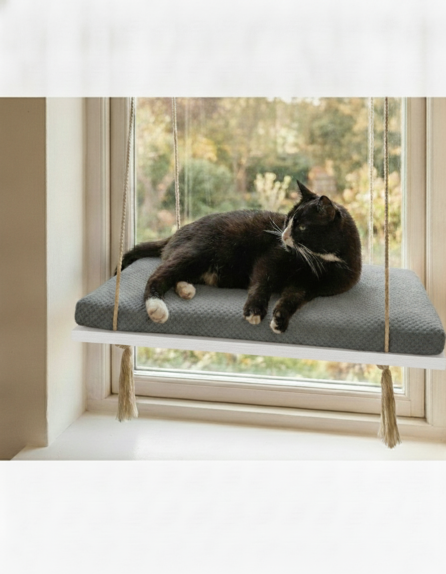 Cat Window Perch - Pine Wood - The Sunny Spot in White, Dark Grey cushion