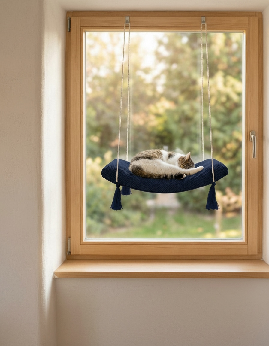 Cat Window Hammock - The Arcing View with Deep Navy Blue DOT cushion